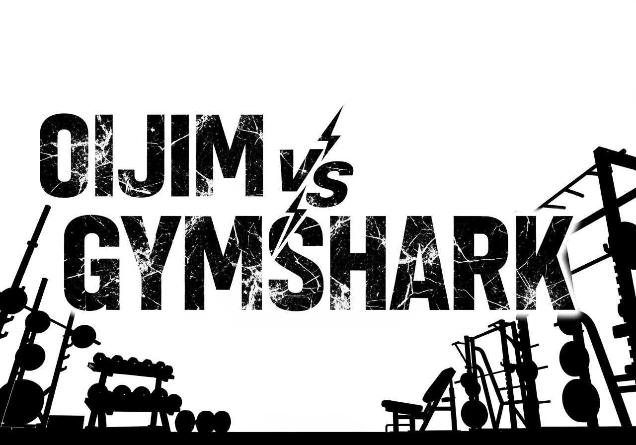 Text 'OIJIM vs GYMSHARK' with silhouette gym equipment on a white background