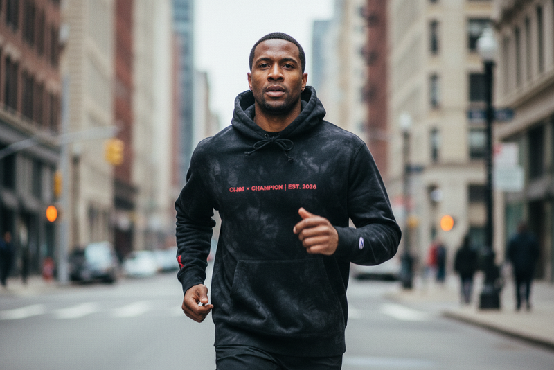 Man running on a city street wearing a black hoodie with visible branding.